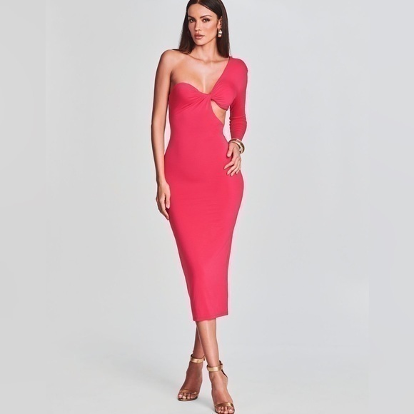 SER.O.YA Midi Dress Ivana Cut Out Coral Red - Picture 1 of 12